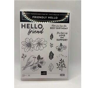 Stampin Up RETIRED Friendly Hello Photopolymer Stamp Set Floral Bird 13pc Good